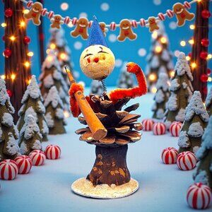 Vintage Bobblehead Elf Ornament Pinecone Body Spun Cotton Chenille Clarinet 50s